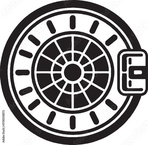 Stylized Black and White Icon of a Car Brake Disc and Caliper