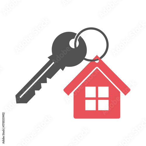 Gray key with red house shaped keychain on white background vector