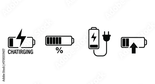 Set of battery icons for charging status power levels and energy indicators vector