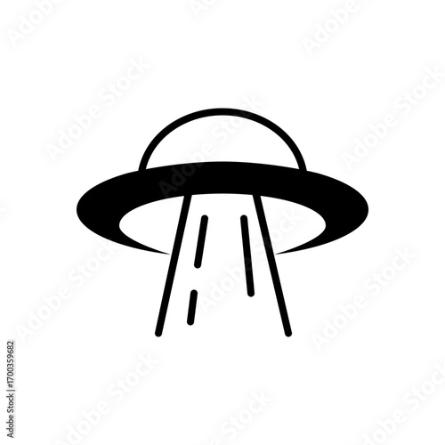 A black graphic illustration of a UFO emitting light beams downwards, suggesting an alien abduction or landing.