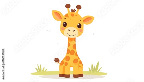 A charming, cartoonish depiction of a baby giraffe, positioned on a grassy plain, exuding a cheerful and whimsical mood.