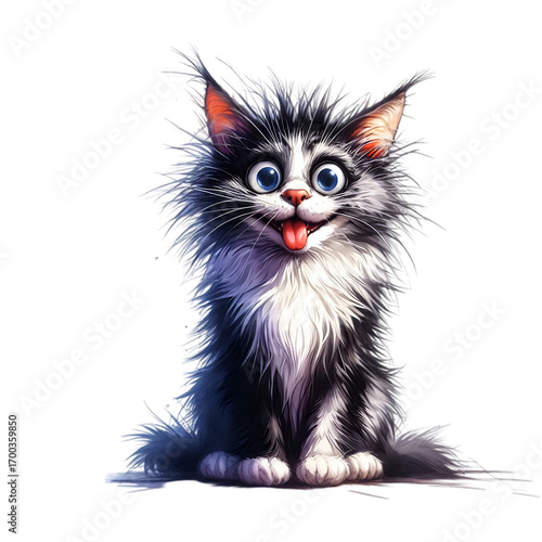 A young, cute, black kitten with big eyes and fluffy fur sits isolated on a white surface, looking like a baby mammal