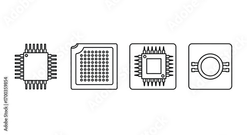 Set of four detailed microchip and integrated circuit designs technological components vector