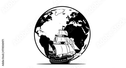 A vintage sailing ship circumnavigates a stylized globe, symbolizing global exploration and maritime history.