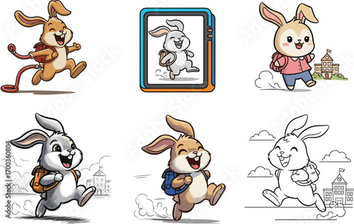 Cartoon rabbit running with backpack, school journey illustration, cute character styles, educational concept, kids art, playful animal design, vector set