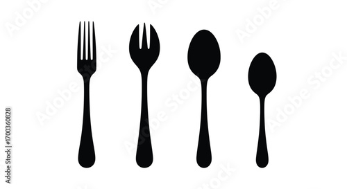Set of four black cutlery silhouettes including fork and spoons on vector