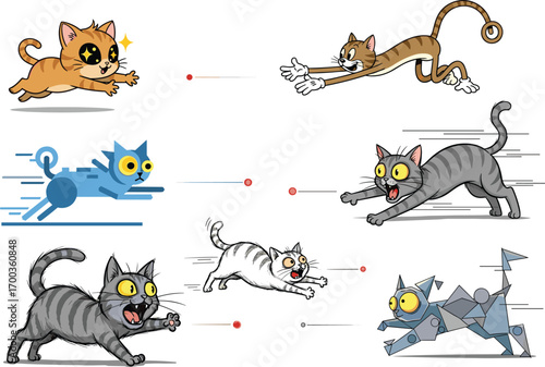 Cats chasing laser pointer, playful feline illustration, dynamic cat poses, abstract and realistic styles, digital artwork, pet behavior, energetic motion