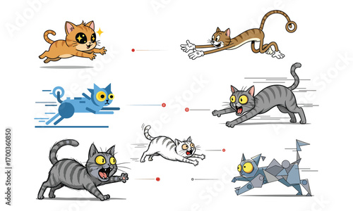 Cats chasing laser pointer, playful feline illustration, dynamic cat poses, abstract and realistic styles, digital artwork, pet behavior, energetic motion