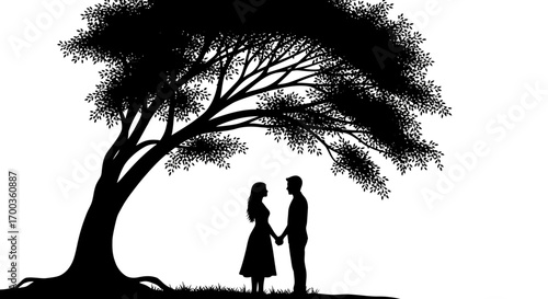 Silhouette of a couple under a large tree, a peaceful scene.