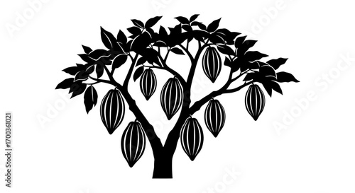 Silhouette of a cacao tree with leaves and cocoa pods hanging from its branches.