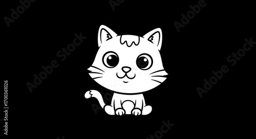 Cute Cartoon Cat Sitting on Black Background