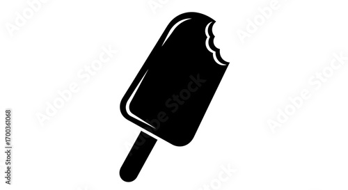 A monochrome illustration of a bitten ice cream popsicle on a wooden stick.