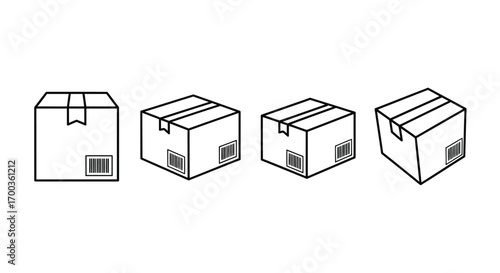 Set of four hand drawn cardboard boxes in different angles with barcodes delivery shipping package icons vector