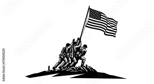 Silhouette depicts soldiers raising the American flag on a rocky hill, symbolizing victory.