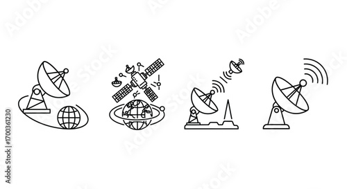 Collection of satellite dish and communication icons representing global connectivity and telecommunications technology vector