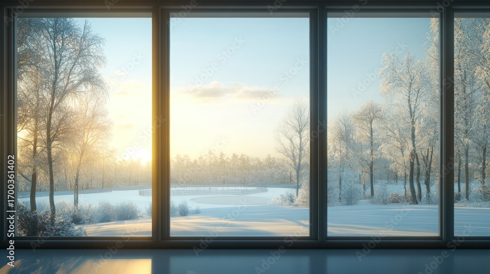Fototapeta premium Winter sunrise through large windows
