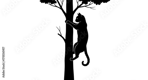 A black silhouette of a cat climbing a tree, reaching upwards with its paws.