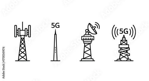 Communication towers and antennas representing 5g wireless technology network expansion signals vector