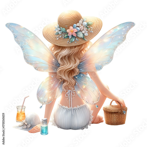 An ethereal woman with a cocktail and delicate fairy wings wears a festive blue dress with a beautiful flower and a hat for a holiday party