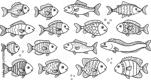 Various crayon drawn cute fish with decorative patterns. Hand drawn vector marine creatures. Doodle collection of kids’ fish icons, featuring salmon, tuna, eel, and other simple sea elements. 