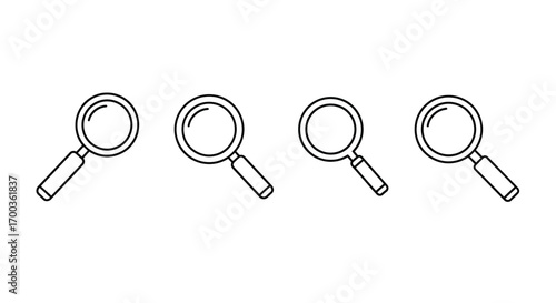 Four hand drawn magnifying glass icons in a row for search and discovery concepts vector