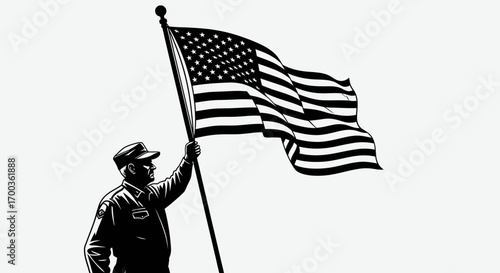 A man in uniform raises the American flag high against a white background.