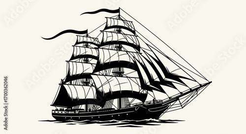 Vintage black and white illustration of a large sailing ship.