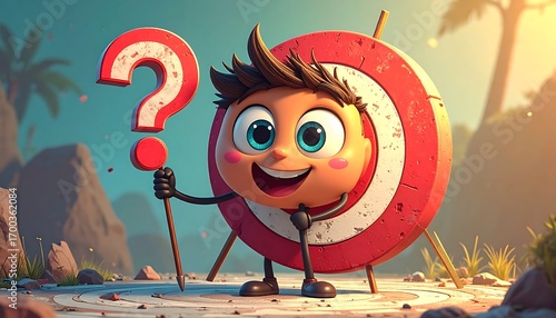 A cheerful cartoon character, shaped like a target, holds up a large question mark against a backdrop of rocks and palm-like trees.
