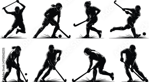 Field hockey players in action poses with helmets, sticks, hitting ball on grass, dynamic sports illustration, black and white vector art