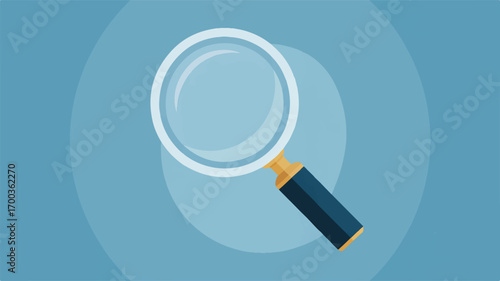 A simple flat design illustration of a magnifying glass on a solid light blue background. 