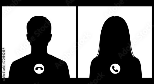 Silhouette profiles of a man and woman engaged in a video call, symbolized by phone icons.