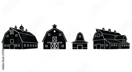 Collection of rustic silhouette barns in various sizes on white vector