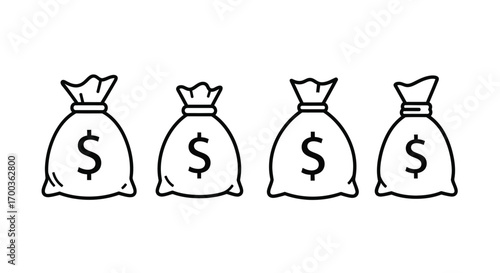 Four hand drawn money bags with dollar signs representing wealth and financial success vector