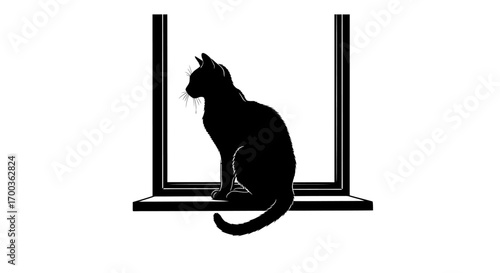 Silhouette of a cat sitting on a window sill, gazing outside. Black and white image.