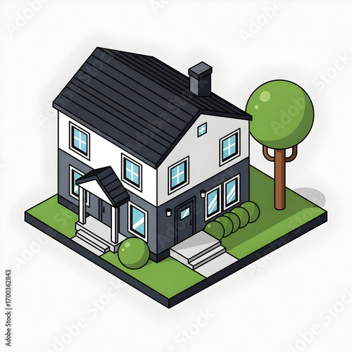 Isometric House Illustration with Garden and Gray Roof