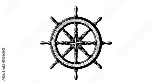 A detailed grayscale illustration of a ship's steering wheel isolated on white background.