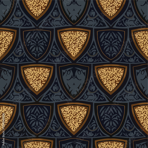 Ornate shield pattern illustration in dark blue and gold with intricate details, patern seamless, Stock royalty.