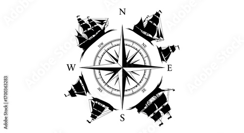 A nautical illustration featuring a compass rose surrounded by stylized sailing ships, representing direction and travel.