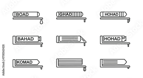 Nine simple line art icons representing different types of trains or rail cars with labels vector