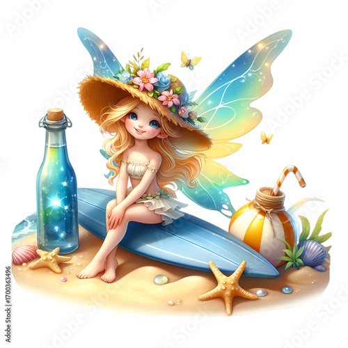 An adorable cartoon illustration of a little angel princess with pink butterfly wings holding a magic wand and a colorful cocktail