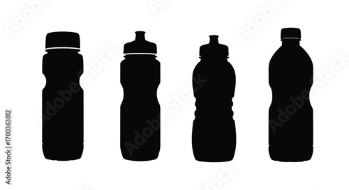 Four silhouette sports water bottles isolated on white with different caps for hydration and fitness vector