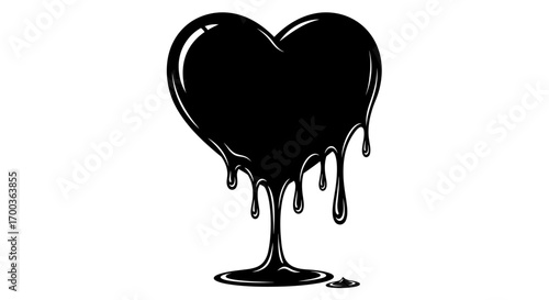 Black heart shape with dripping liquid, isolated on white background.