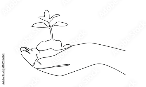 Continuous line drawing of a human hands holding sprout linear style.