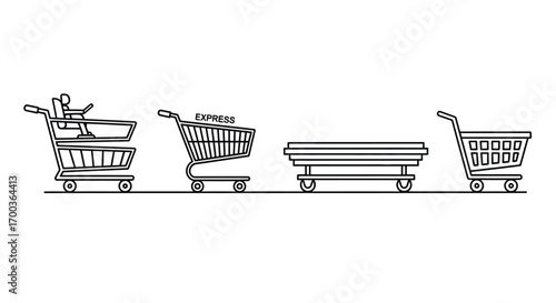 Diverse shopping carts in line form representing consumerism and retail choices vector