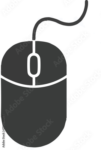 Black computer mouse with wire on white background in top view