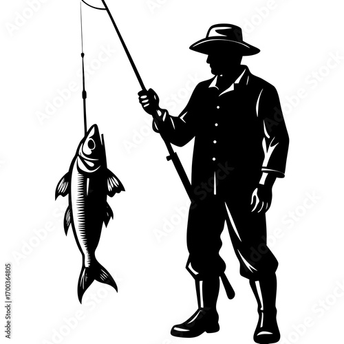 silhouette of a fisherman man holding fishing rod 