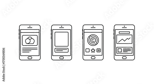 Mobile app interface design sketches four smartphones displaying ui wireframe concepts vector