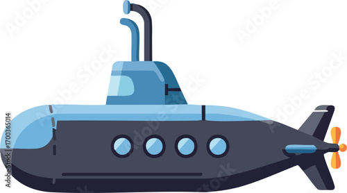 Blue submarine illustration on white background, side view