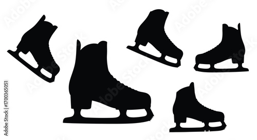 Set of five black silhouette figure ice skates in various poses for winter sports and fashion themes vector