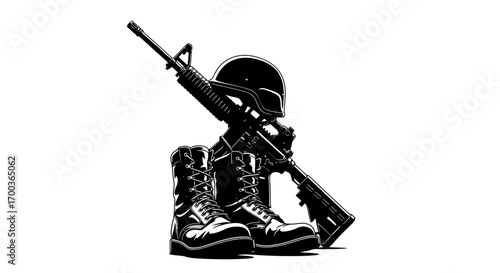 A symbolic representation of fallen soldiers: rifle, helmet, and boots in black and white.